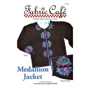 May include: A black jacket pattern titled Medallion Jacket by Fabric Café. The jacket features a central vertical row of four floral-style medallions in purple, green, and blue, with matching floral embellishments on the sleeve cuffs.