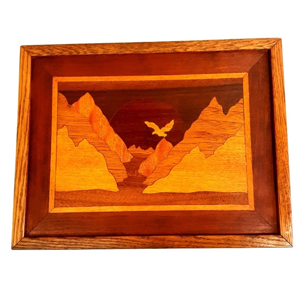 Vintage Inlaid Wood Marquetry Picture Eagle Mountains Signed 9.75" x 12.75"