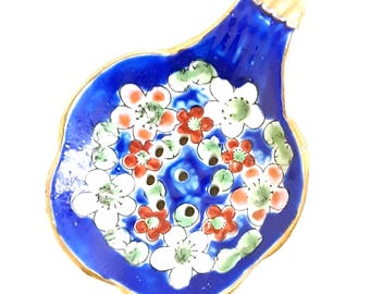 Vintage Japanese porcelain tea strainer tea bag holder floral cobalt gold trim