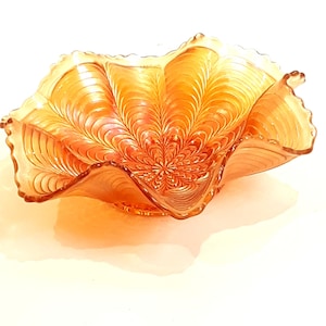 Vintage Fenton Peacock Tail Marigold Carnival Glass Bowl Ruffled Edges Feathers