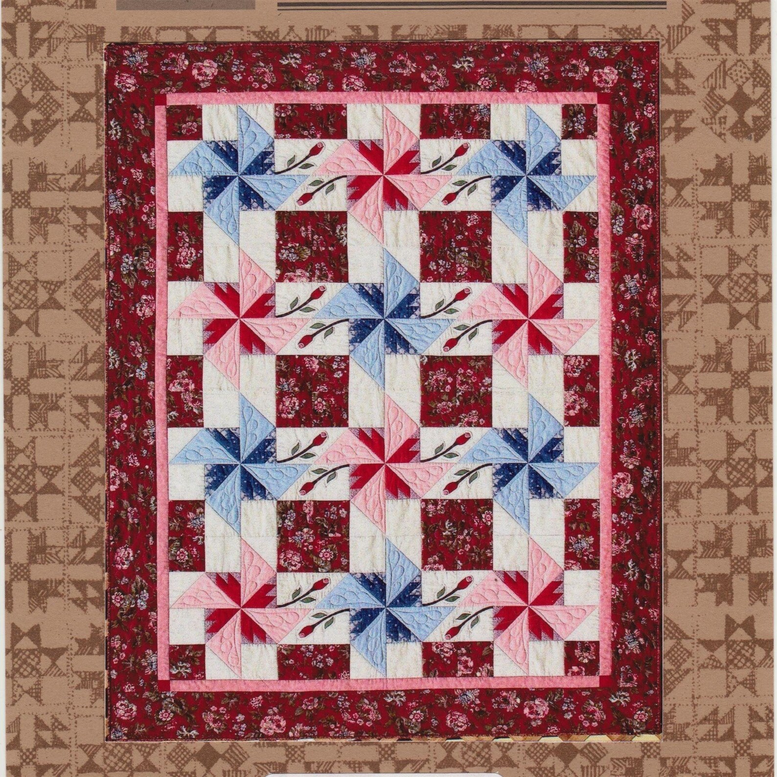 Rosebud Promenade Quilt Pattern Piecework Block Pinwheels 68 X 85