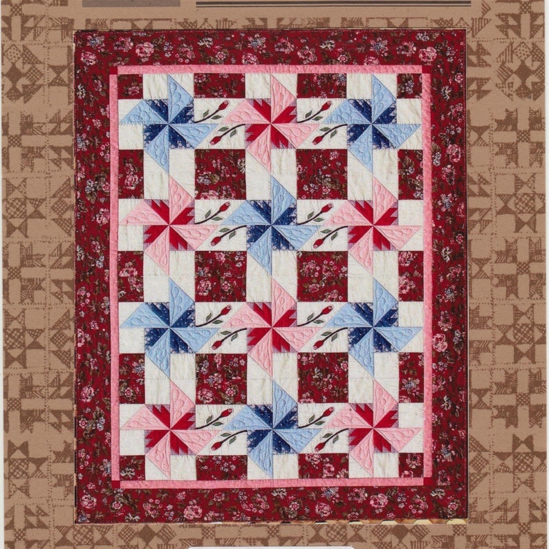 Rosebud Promenade Quilt Pattern Piecework Block Pinwheels 68 X Etsy