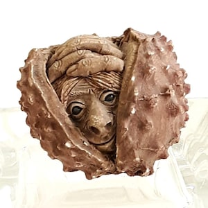 Könnte beinhalten: Eine braune, skurrile Skulptur eines Gesichts, das aus einer strukturierten Schale hervorschaut. Das Gesicht hat dunkle Augen, eine kleine Nase und ein leichtes Lächeln. Die Schale ist rotbraun.
