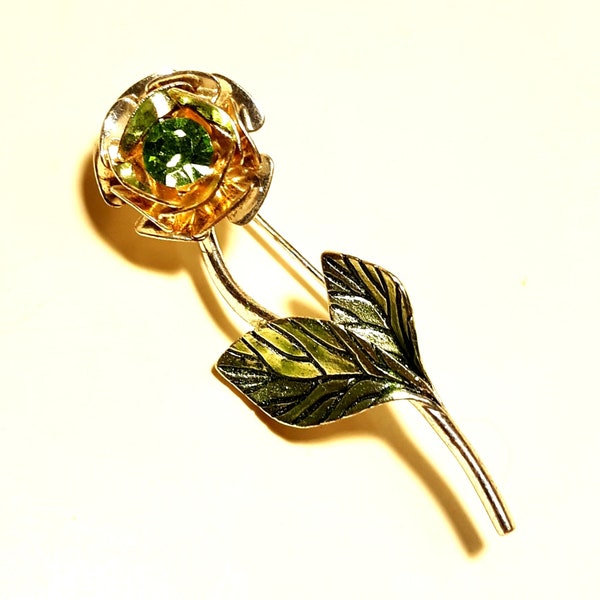 Nina Ricci Silver tone Rose Enameled Leaves Green Crystal Brooch Vintage Avon