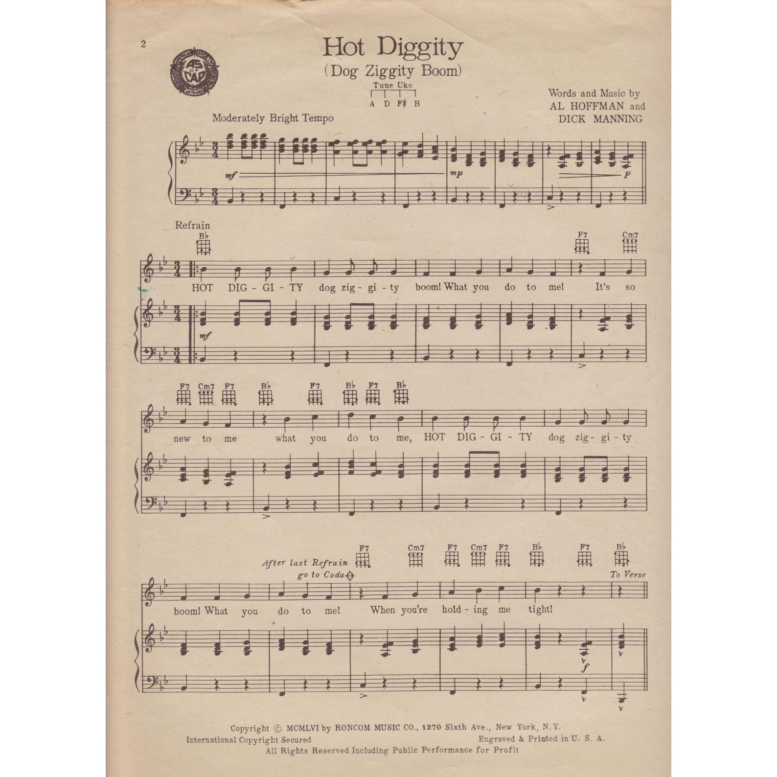 Hot Diggity Dog Ziggity Boom 1954 Vintage Sheet Music Perry Etsy