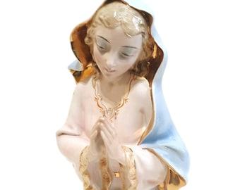 Vintage Ceramic Praying Virgin Mary Bust with Blue Hood & Gold Detailing