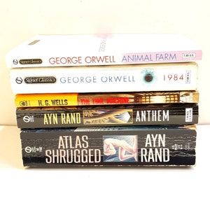 Vintage Sci Fi Book Lot Orwell Rand Wells Animal Farm 1984 Anthem Atlas Shrugged Time Machine