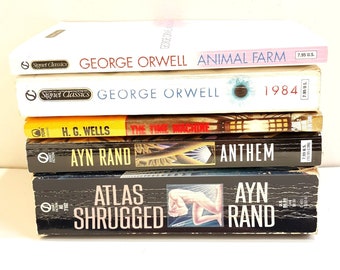 Vintage Sci Fi Book Lot Orwell Rand Wells Animal Farm 1984 Anthem Atlas Shrugged Time Machine
