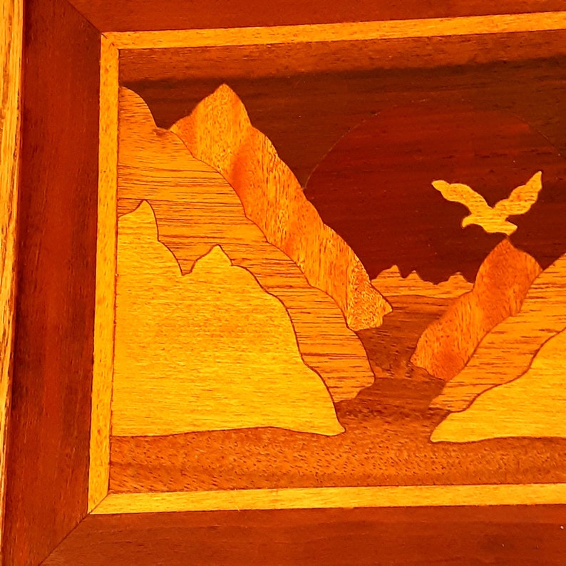 Vintage Inlaid Wood Marquetry Picture Eagle Mountains Signed 9.75 X 12.