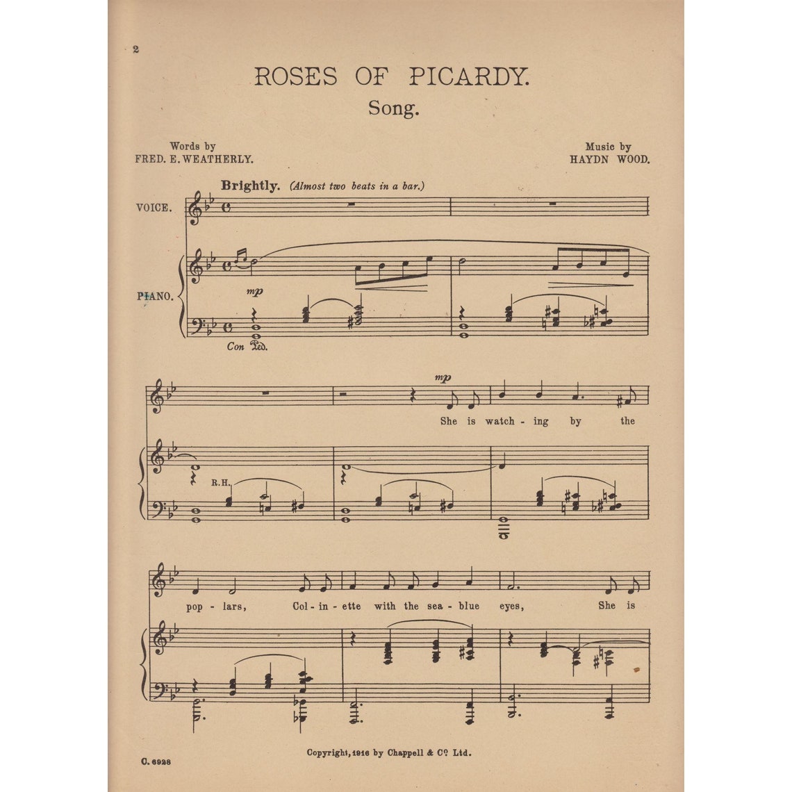 Rose of Picardy Song 1916 Vintage Sheet Music Weatherby Wood Etsy