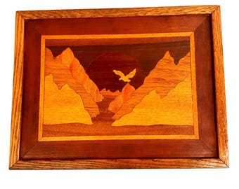 Framed Wood Marquetry Bald Eagle Wall Hanging Artist Signed Handcrafted Vintage