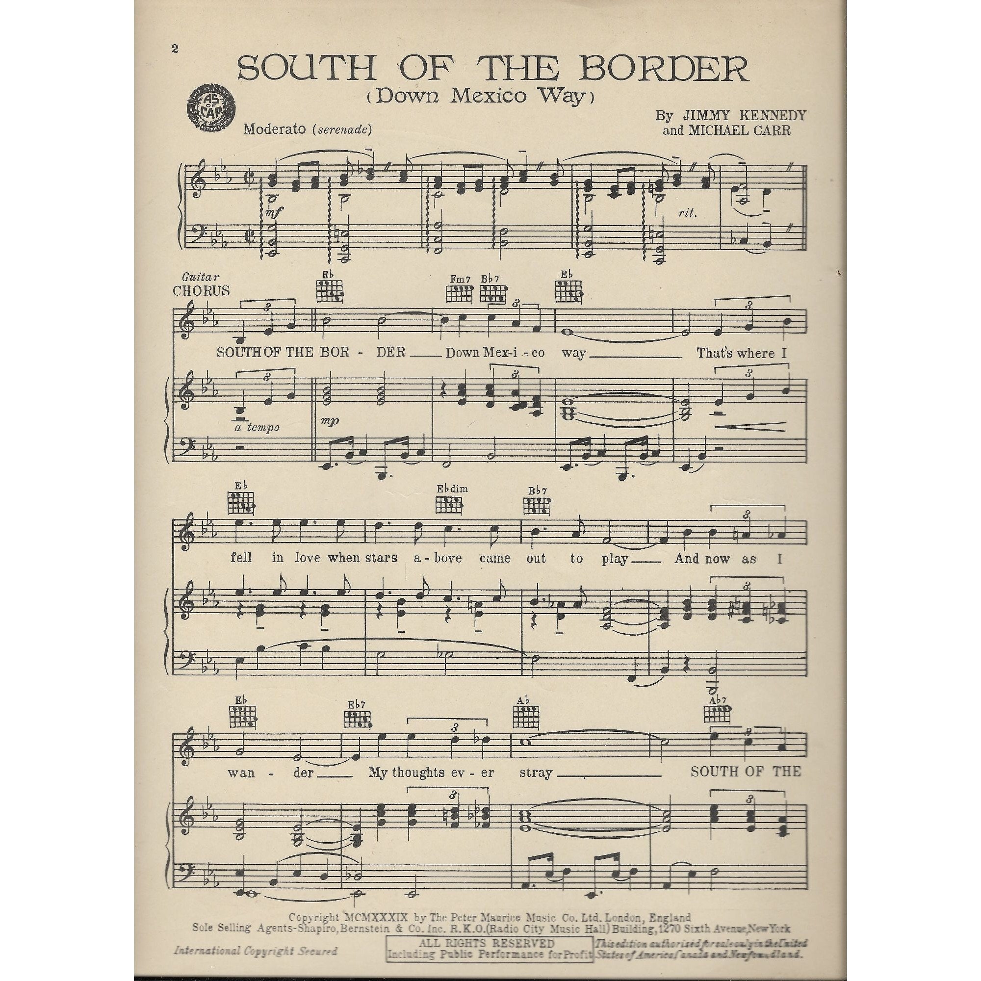 South of the Border 1939 Sheet Music Piano Guitar Vocals Al Etsy