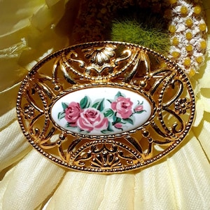Vintage Avon Rose Porcelain Brooch Goldtone Filigree