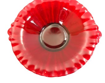 Vintage Old Cafe Royal Ruby Glass Ribbed Handled Plate Trinket Candy Dish