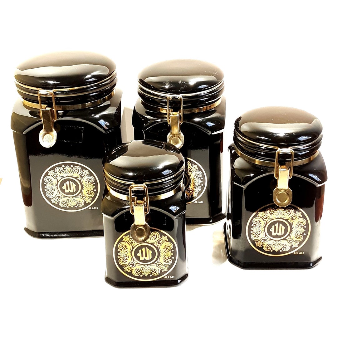 Black Ceramic Canister Set 4 Gold Detail Allah Vintage Etsy
