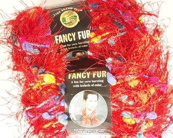 Lion Brand Yarn 2 Skeins Fancy Fur Eyelash Fancy Rainbow Red Italy