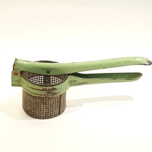 Metal Rustic Potato Ricer, Green Handle Potato Masher, Vintage Farmhouse Kitchen Decor 1950s