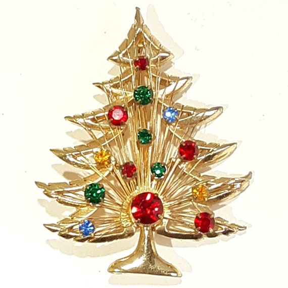 Brooks Vintage Christmas Tree Brooch Rhinestones … - image 1