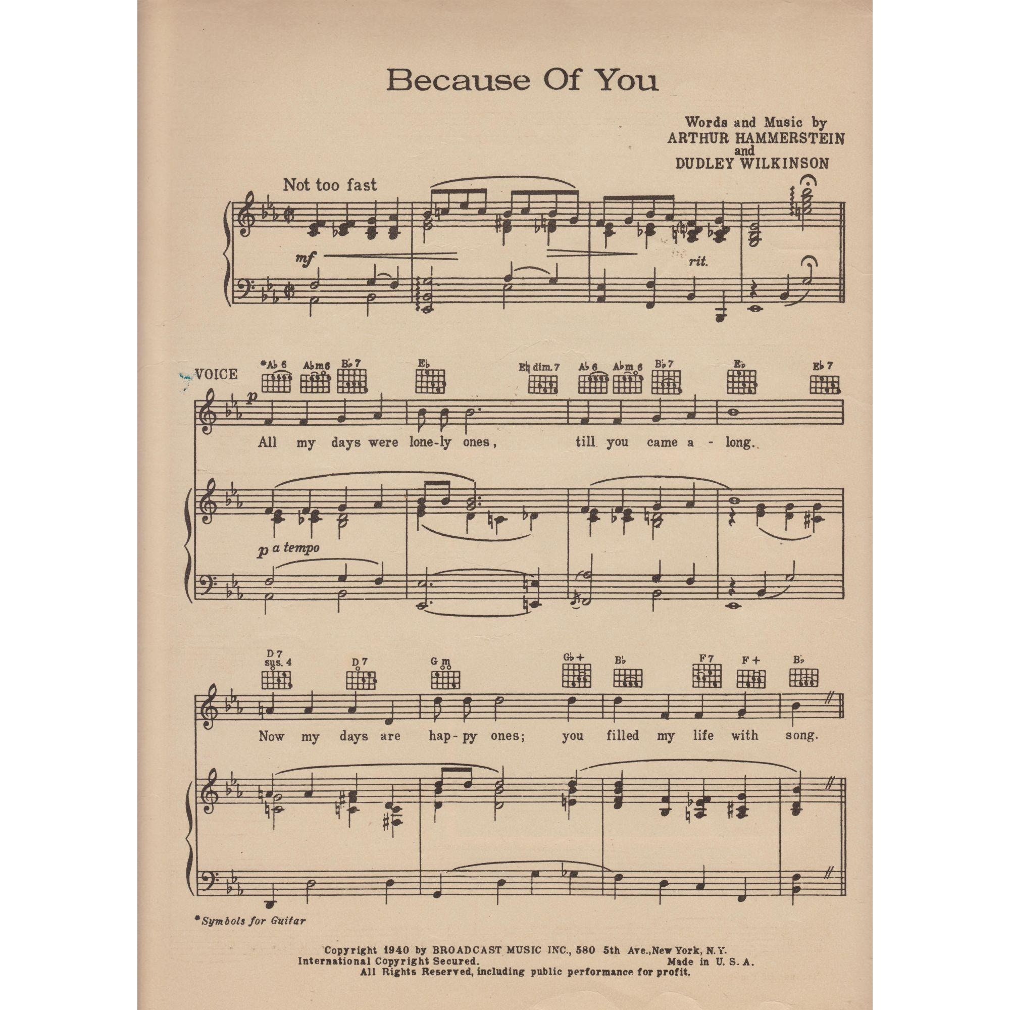 Because Of You 1940 Vintage Sheet Music Tony Bennett | Etsy