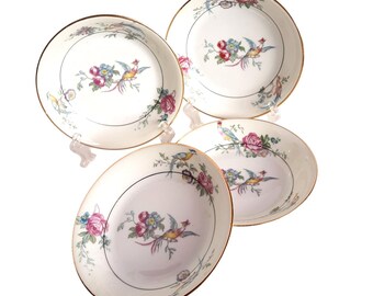 Vintage Limoges France Porcelain Fruit Berry Bowls Set Of 4 With Floral & Bird Design
