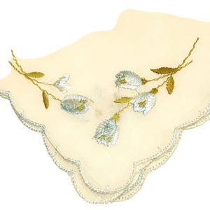 Embroidered Floral Corner Vintage Hankie White Linen Scalloped Aqua Edges