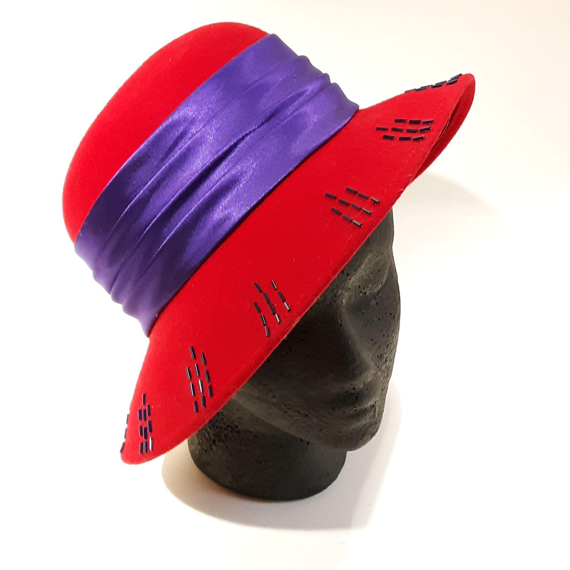 Vintage something special brimmed Red Purple Women\'s Hat beaded 1850s Victorian HAT STYLE ~ Purple Velvet Brim W/pink Satin  main image 2