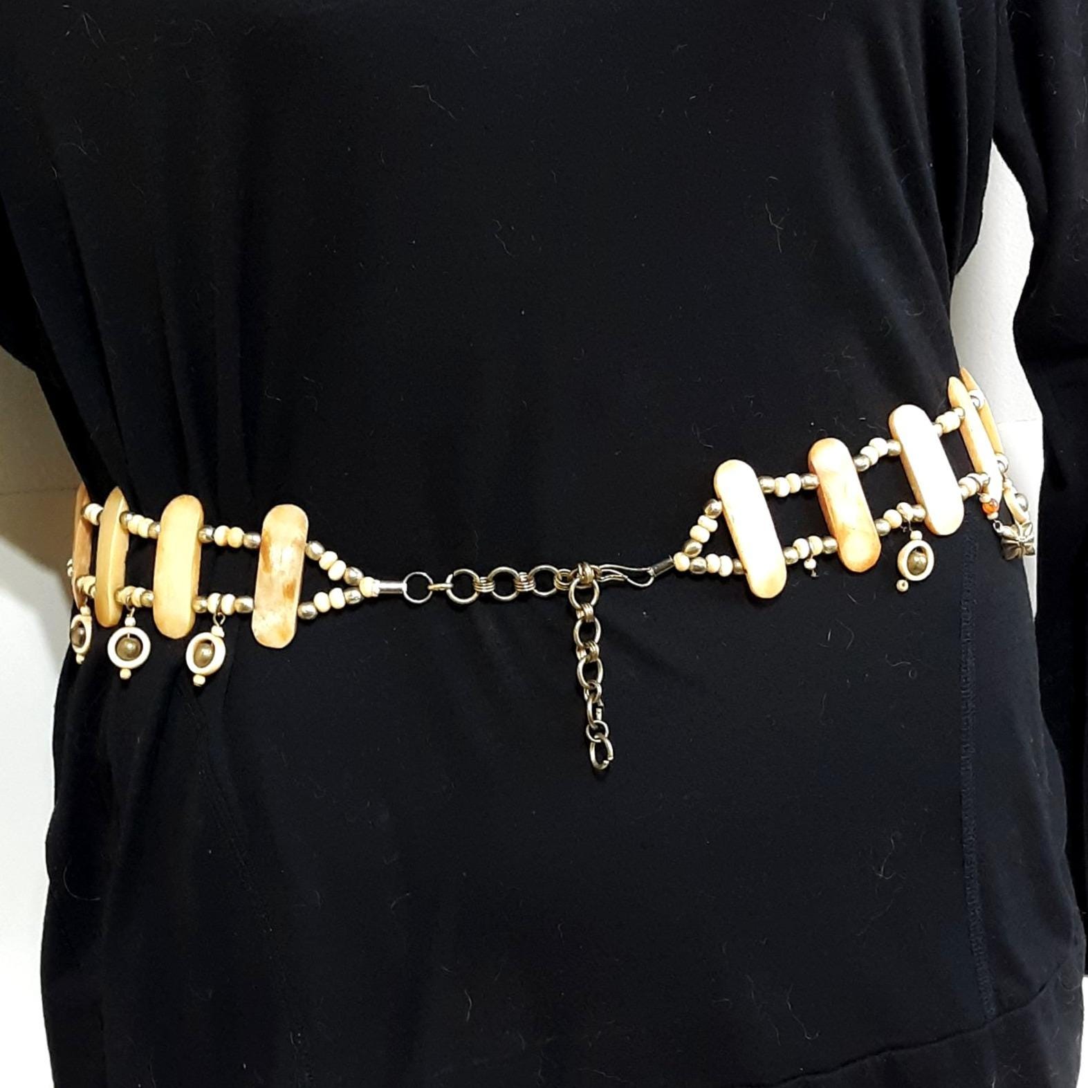 Vintage Beaded Belt Brown Gold Tone Wood Acrylic Metal 32-37\