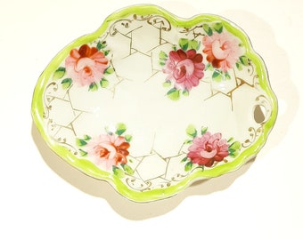 Vintage Handpainted China Trinket Dish Scalloped Roses