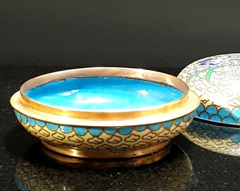 中国七宝細工の指輪 茶嗅ぎタバコ入れ 花柄エナメル 真鍮 象牙地 
