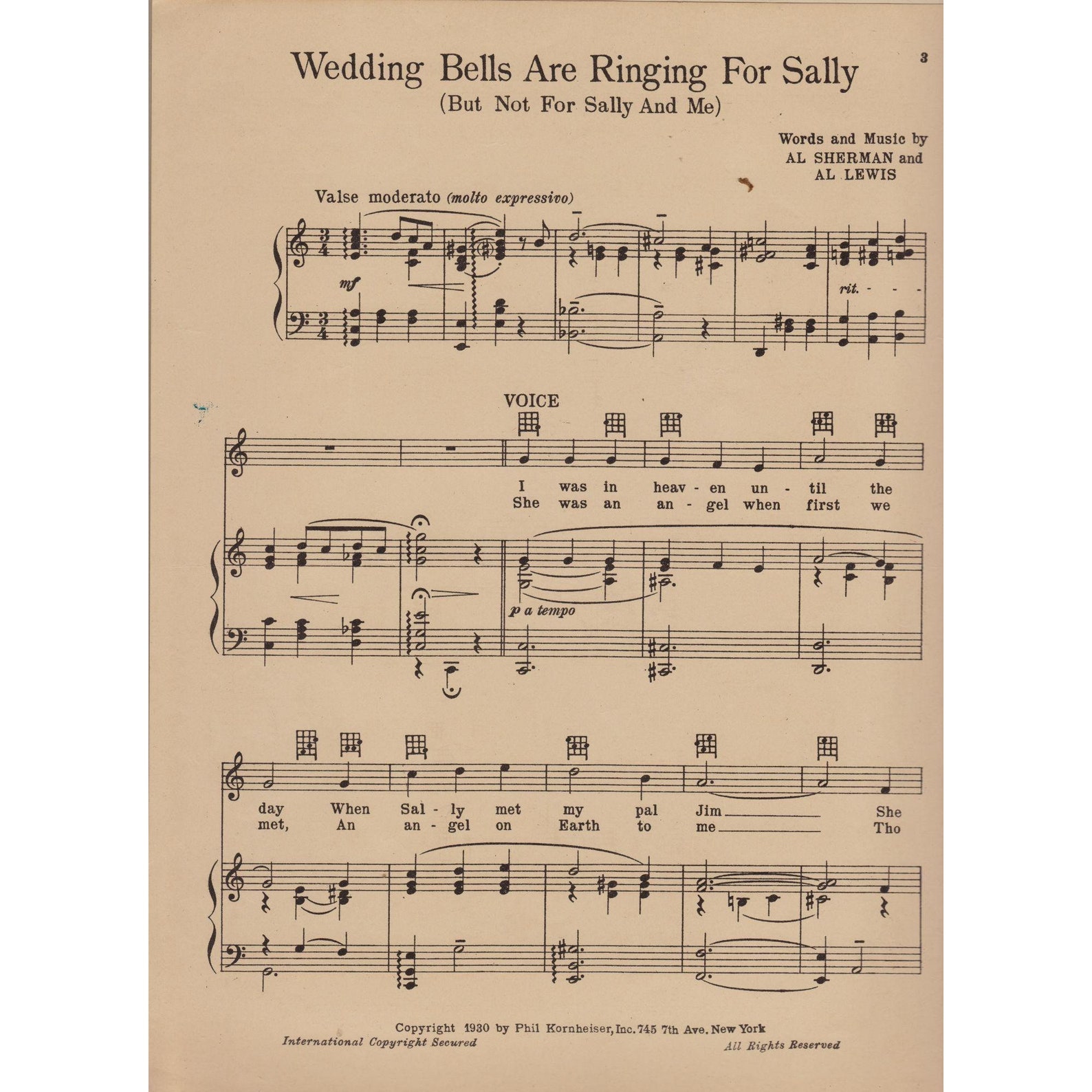 Wedding Bells Are Ringing for Sally Vintage Sheet Music 1930 Etsy