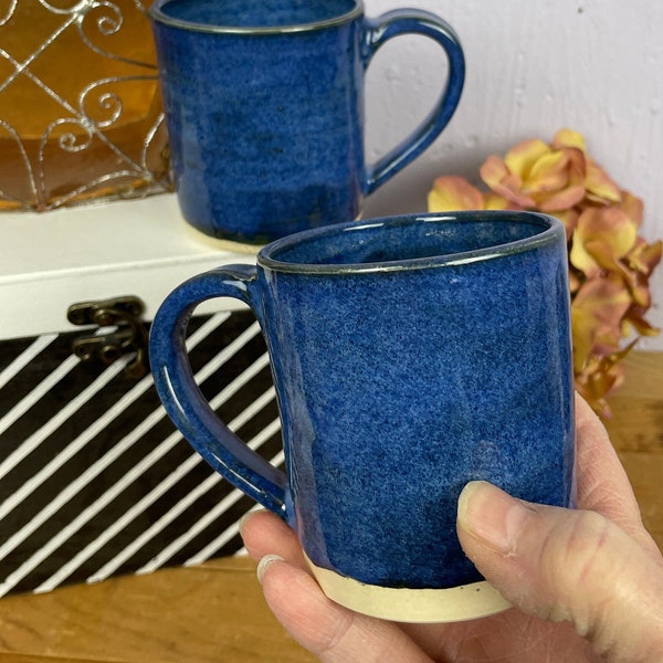 Espresso Mugs: 8 ounces each, Bright Blue; Hand Made; White Stoneware