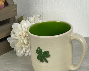 Handmade Shamrock Ceramic Mug, Wheel-Thrown Pottery, St. Patrick's Day Gift