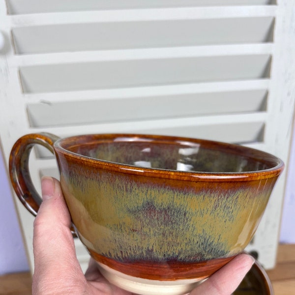 Cappuccino Mugs: Rich Gold and Red Pottery; Hand Made; White Stoneware; 12 Ounces