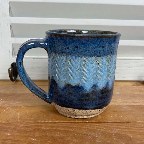 Mug, Textured Triple Blue; Hand Made; Buff Stoneware; Gift for Him or Her, any Hot or Cold Beverage