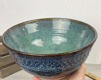 Large Carved Design Bowl, Serving, Salad or Mixing Bowl, Rich Ocean Blue, Hand Made