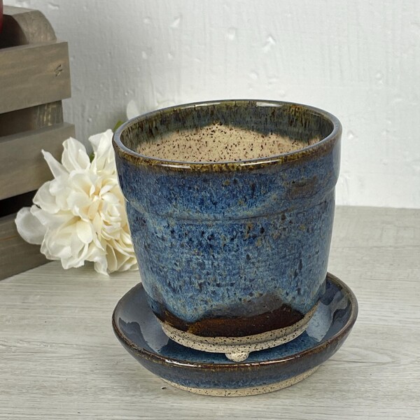 Handcrafted Blue Ceramic Planter with Saucer: Small Herb Pot, Flowerpot, Two Piece Growing Container, Flower Vessel, Seedling Starter