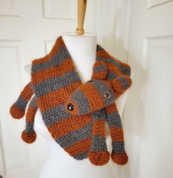 Handmade Knitted Striped Fox Stole Gray and Rust