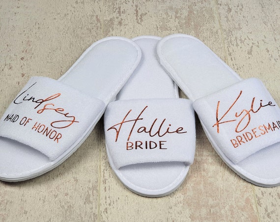 Bridesmaid slippers, personalised wedding slippers, luxury open toe spa slippers, bridesmaid gifts, Hen party, bridal slippers, bachelorette