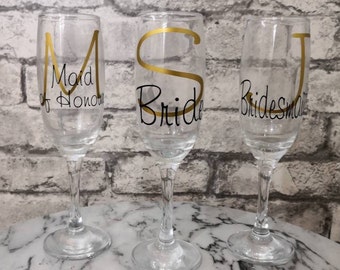 Personalised wedding glasses, wedding champagne flutes, bridesmaid gifts, personalised wedding favours, wedding gifts, first toast glasses,