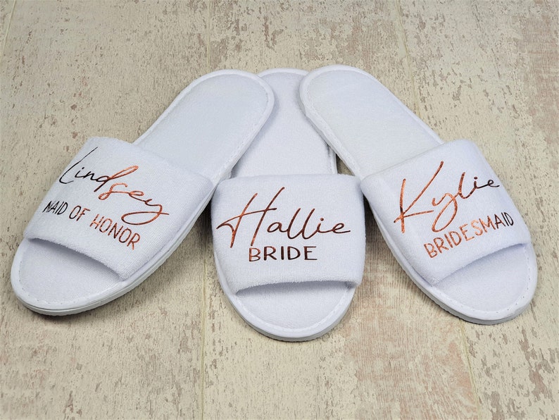 Bridesmaid slippers, personalised wedding slippers, luxury open toe spa slippers, bridesmaid gifts, Hen party, bridal slippers, bachelorette 