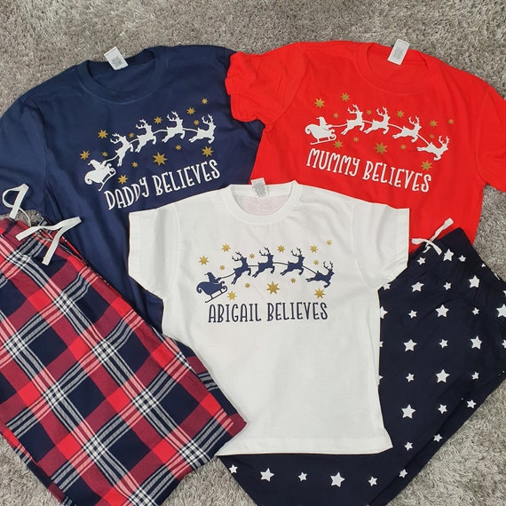 Personalised matching Family Christmas Pyjamas, Mummy Believes, Christmas eve pjs, Daddy Believes