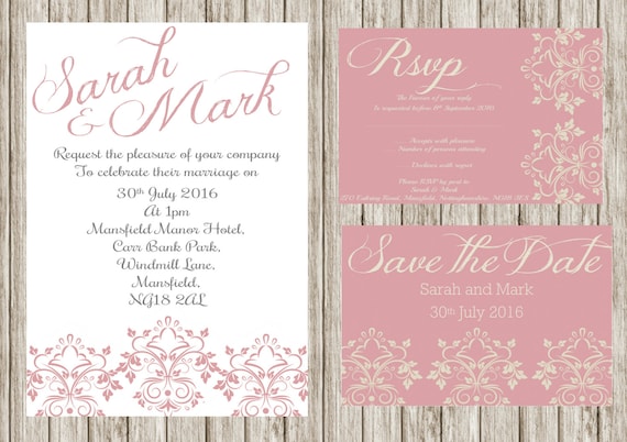 Pink damasks invitation, Printable wedding invitation set, Floral wedding invites, save the date, Rsvp, print your own, DIY invitations,
