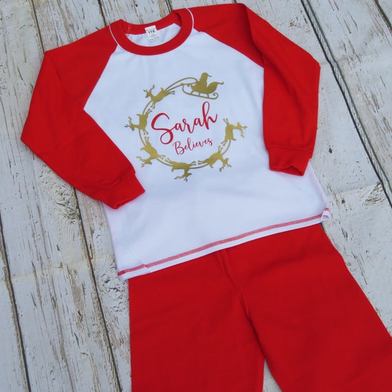 Personalised believes Christmas Pj’s, Kids Christmas Pajamas, Red and white Pj’s, Christmas eve box, Kids Santa pyjamas, Night before gift