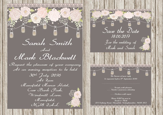 Mason Jar, rustic printable wedding invitation, shabby chic, Rsvp, print your own wedding invitations.