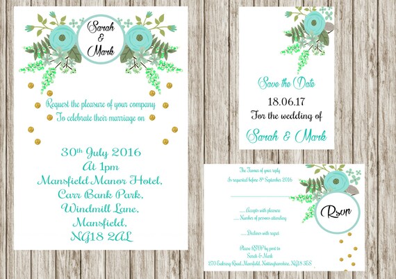 Mint Floral invitation, Printable wedding invitation set, Floral wedding invites, save the date, Rsvp, print your own, DIY invitations,