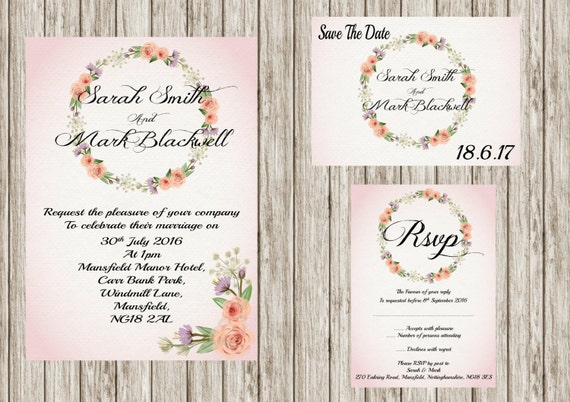 Floral wreath, Printable wedding invitation set, Floral wedding invites, save the date, Rsvp, print your own, DIY invitations,