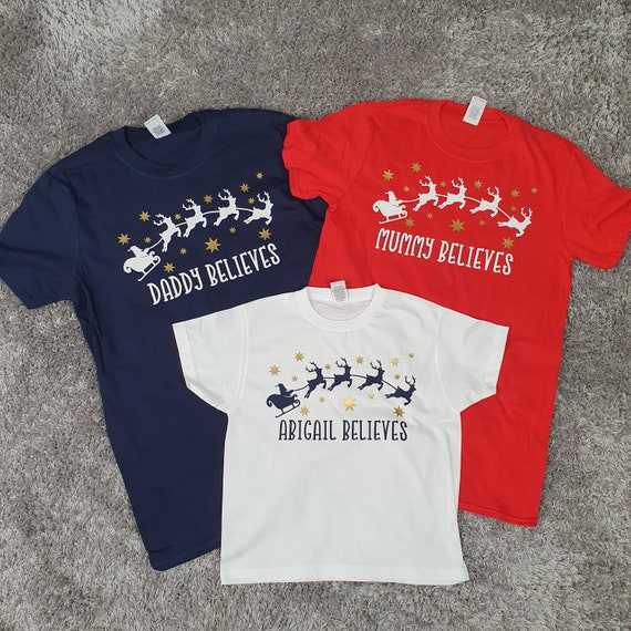 Matching Family Christmas eve t-shirts, Believe Christmas pyjamas, personalised Christmas t-shirts, Christmas eve box items
