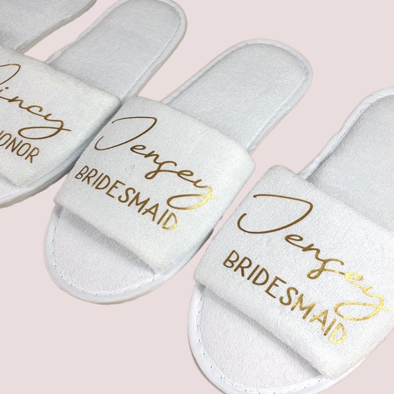 Personalised spa slippers, Hen party slippers and gifts. Bridesmaid gifts, amid of honour gifts, open toe spa slippers