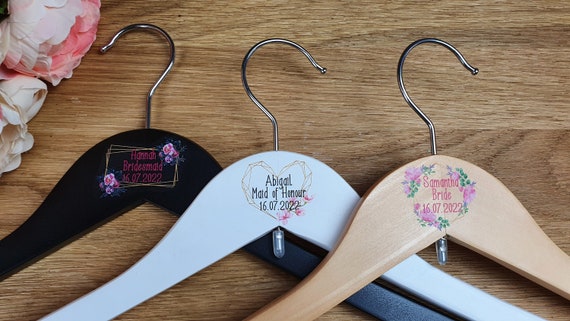 Floral Wreath wooden wedding hangers, Bridesmaid gifts, Personalised bridal hangers, Bridal robes, Maid of Honour gift. Flower girl gifts