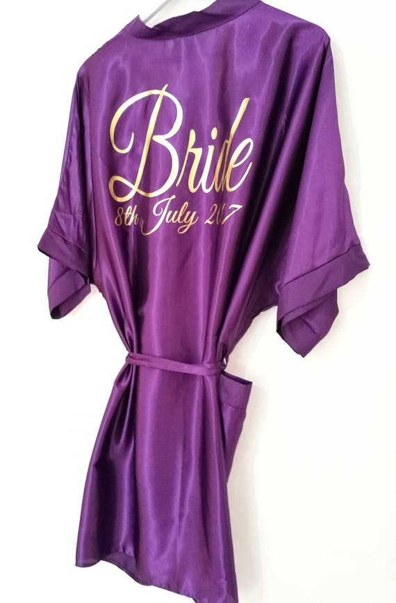 Purple Bridal Robe, Personalised Dressing Gown, Bridesmaid Gift, Hen Party Gift, Satin Robe, Wedding Dressing Gowns, size 8 to 26